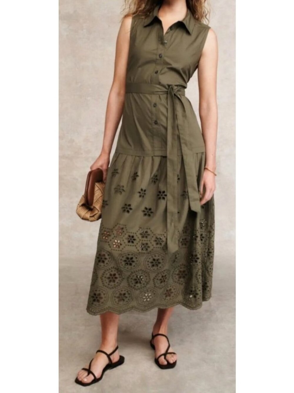 Tanya Taylor Women's Sz 4  Green Bailey Sleeveless Eyelet Midi Shirt Dress